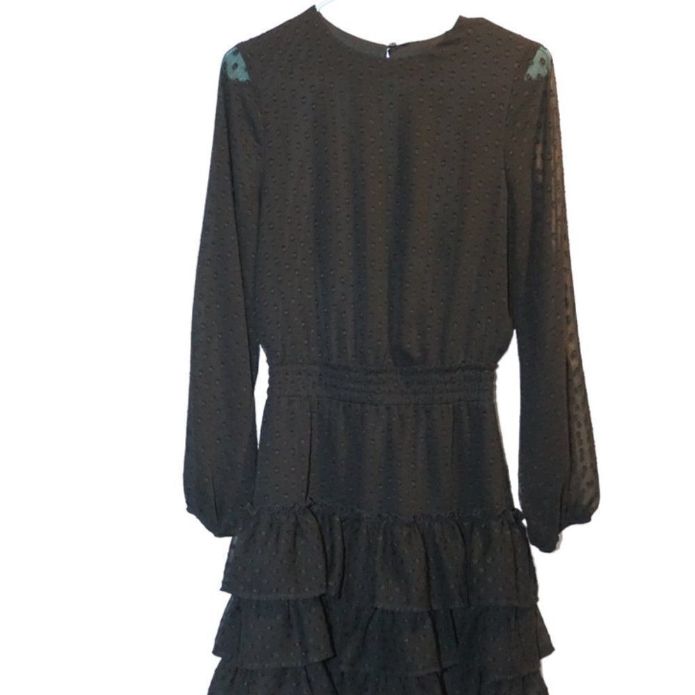 Express Black Long Sleeve Midi Dress with Ruffled Skirt, Small